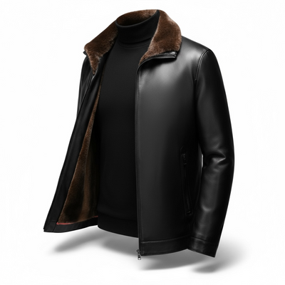 New Men's Genuine Leather Jacket Thickened Winter Sheepskin Fur Casual Coat Dad Style One-piece Leather And Fur Collar
