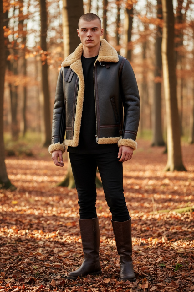 Black Winter Shearling Jacket Men Military Style Plus Size 3XL Genuine Natural Thick Sheepskin Warm B3 Bomber Leather Coat