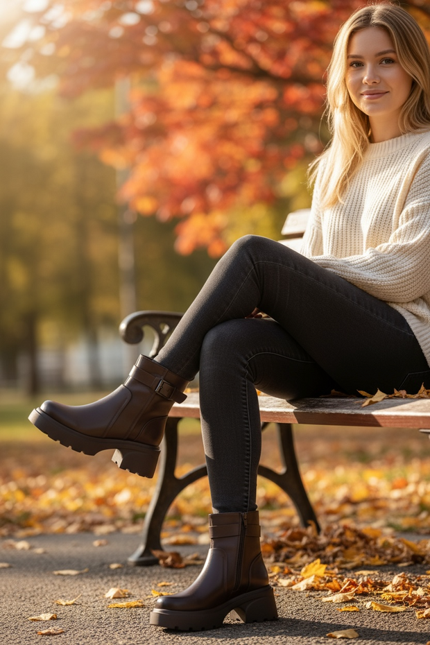 Johnature British Style Thick Soled Short Boots 2025 Winter New Versatile Round Toe Belt Buckle Genuine Leather Women's Boots