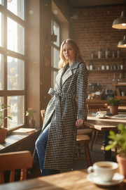 Women Long Plaid Woolen Jackets Houndstooth Waistband Coats Spring Blends Long Outerwear Autumn Belt Overcoat Wool S-2xl