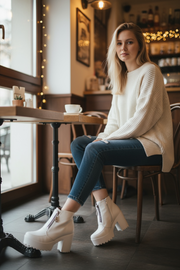 winter white platform wedges chunky high heels woman shoes zipper front women ankle boots plus size dropshipping 2019