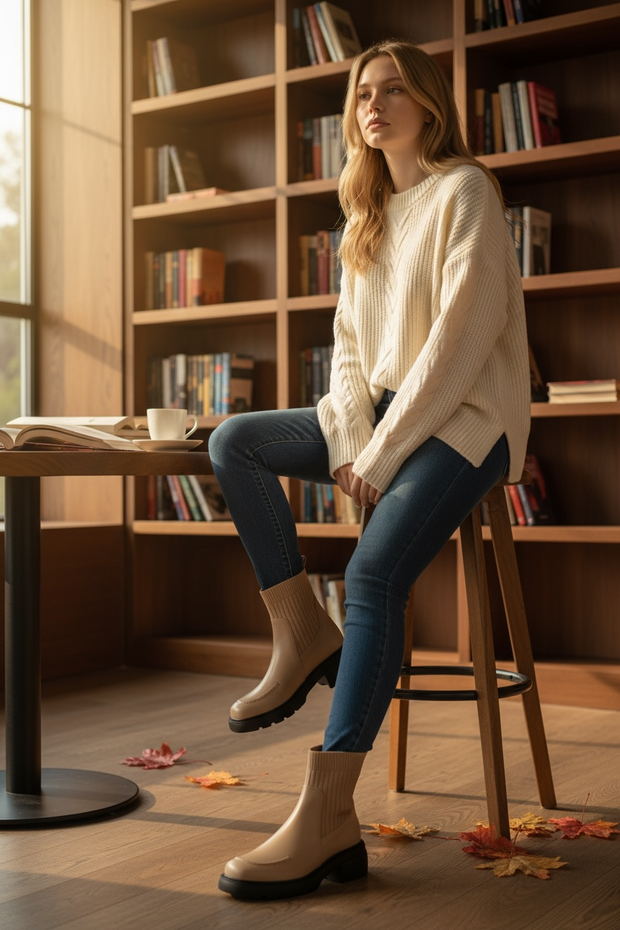 Versatile Short Boots Women's Thick Bottom Elastic Boots Heightening Waterproof Platform Chunky Heel And Bare Boots round Toe