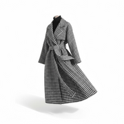 Women Long Plaid Woolen Jackets Houndstooth Waistband Coats Spring Blends Long Outerwear Autumn Belt Overcoat Wool S-2xl