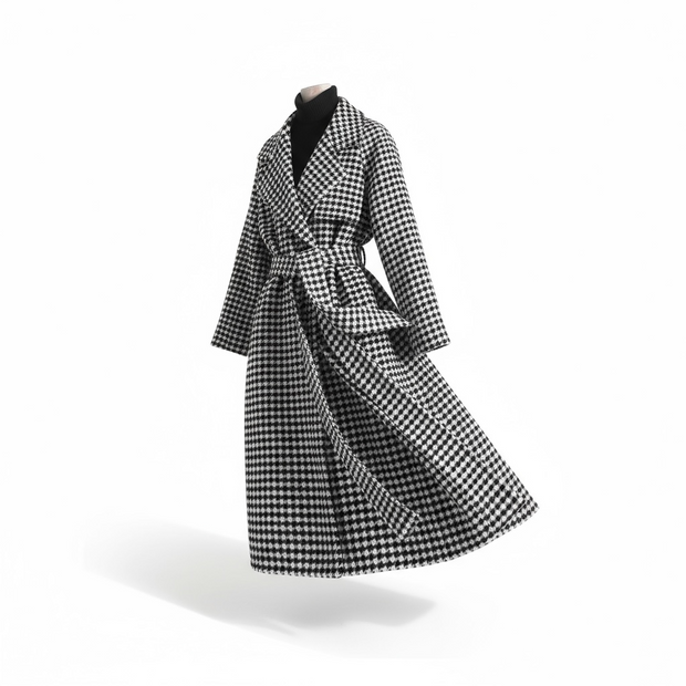 Women Long Plaid Woolen Jackets Houndstooth Waistband Coats Spring Blends Long Outerwear Autumn Belt Overcoat Wool S-2xl