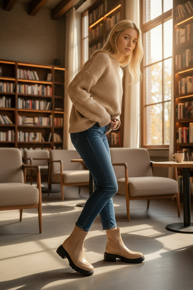 Versatile Short Boots Women's Thick Bottom Elastic Boots Heightening Waterproof Platform Chunky Heel And Bare Boots round Toe