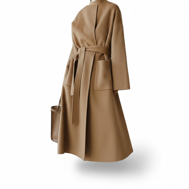 Autumn Winter Woolen Jacket Women's Korean Style Loose-Fit No-Collar Fashionable Longer Length Trenchcoat Women's Medium-Length