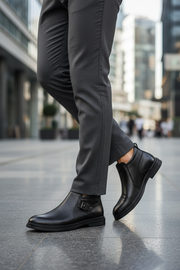 Genuine Leather Mens Motocross Boots Side Zipper Business Ankle Boats Round Toe Slip-On Mens Boots Winter Plush Snow Shoes