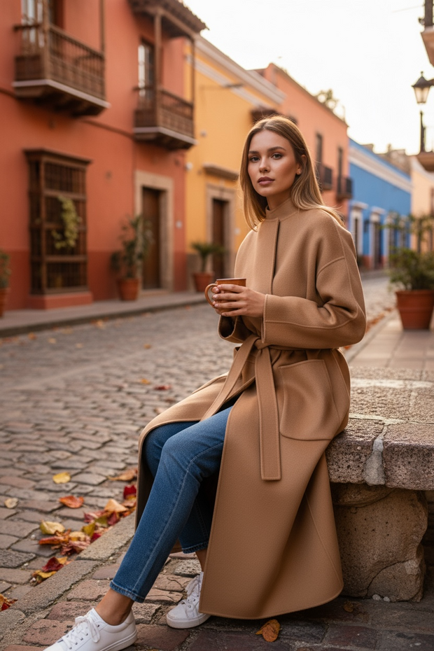 Autumn Winter Woolen Jacket Women's Korean Style Loose-Fit No-Collar Fashionable Longer Length Trenchcoat Women's Medium-Length