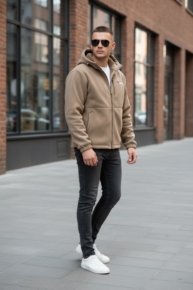 Thiened Fce Hooded Jaet Men's Winter Outdoor Casual Faion Warmth Anti-Cold Fce-Lined Thiened Hooded Cardigan Coat