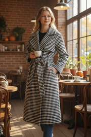 Women Long Plaid Woolen Jackets Houndstooth Waistband Coats Spring Blends Long Outerwear Autumn Belt Overcoat Wool S-2xl