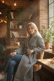 Women Long Plaid Woolen Jackets Houndstooth Waistband Coats Spring Blends Long Outerwear Autumn Belt Overcoat Wool S-2xl