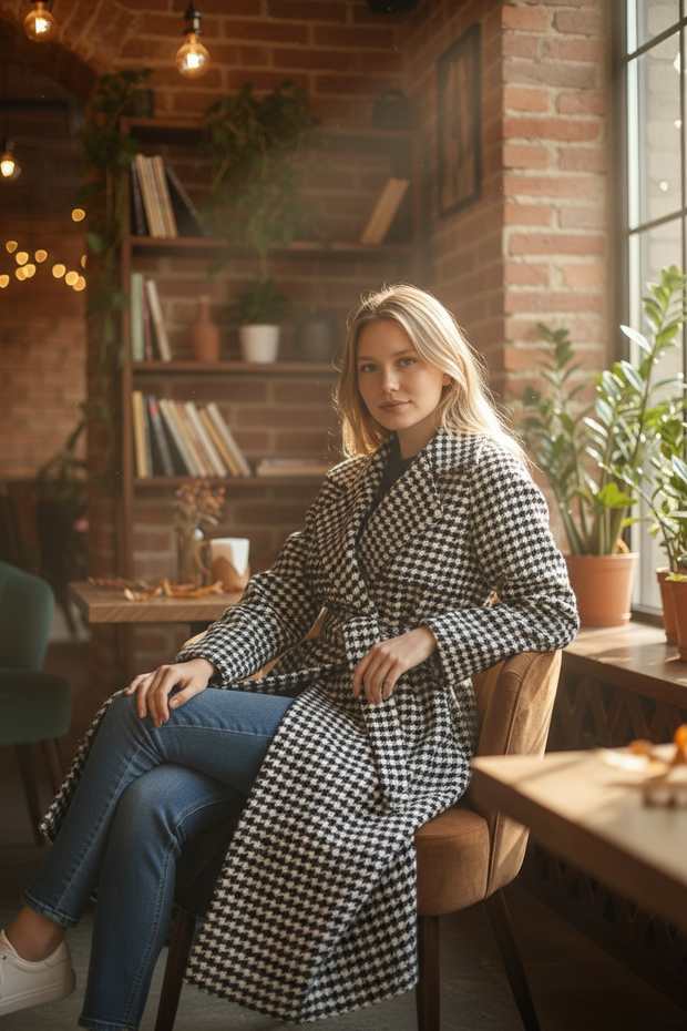 Women Long Plaid Woolen Jackets Houndstooth Waistband Coats Spring Blends Long Outerwear Autumn Belt Overcoat Wool S-2xl