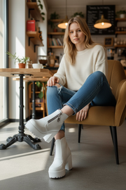 winter white platform wedges chunky high heels woman shoes zipper front women ankle boots plus size dropshipping 2019