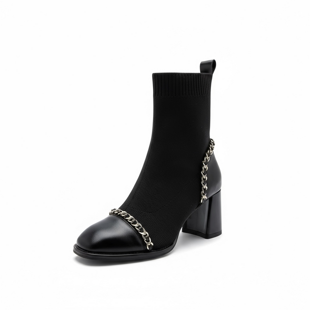 Women Knit Ankle Boots Fashion Slip On Slimming Short Booties Autumn Winter Female Thick Heel Shoes 2025