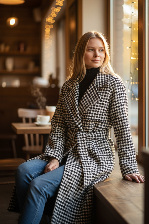 Women Long Plaid Woolen Jackets Houndstooth Waistband Coats Spring Blends Long Outerwear Autumn Belt Overcoat Wool S-2xl