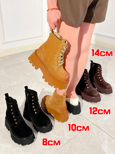 8-14cm Women Increasing Shoes Platform Short Boots Tall Women Shoes Genuine Leather Female Boots Classic Ankle Booties High Heel