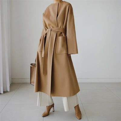 Autumn Winter Woolen Jacket Women's Korean Style Loose-Fit No-Collar Fashionable Longer Length Trenchcoat Women's Medium-Length