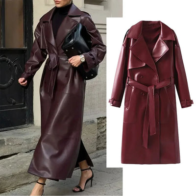 Autumn Winter Burgundy Lace Up Matte Leather Jackets Women's Lace-up Faux Trench Coat Retro Lapel Long-sleeved Loose Overcoat